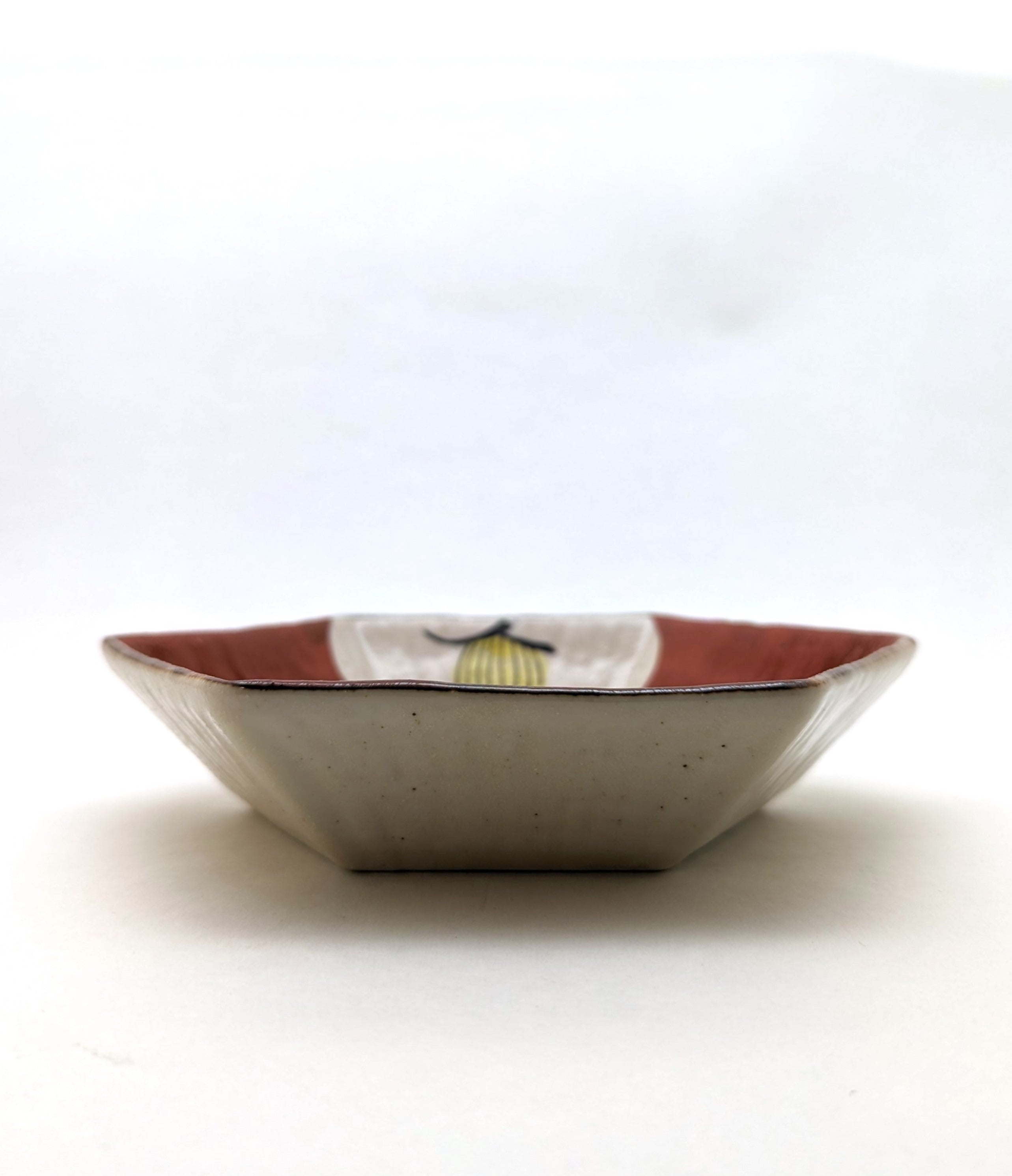 Earthenware Hexagon Plate with Hand-drawn Camellia by Kanejin-gama