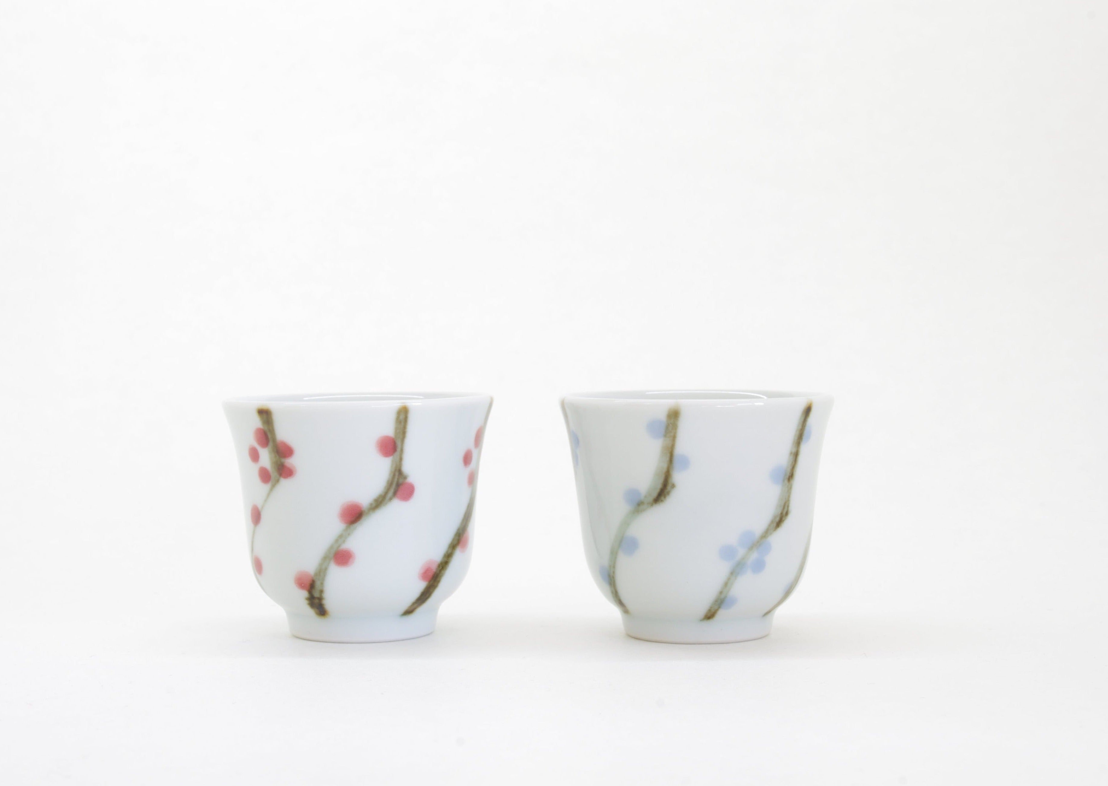 Porcelain Sake Cup with Hand-Drawn Plum Flower Drawn by Senzan-gama [SET]