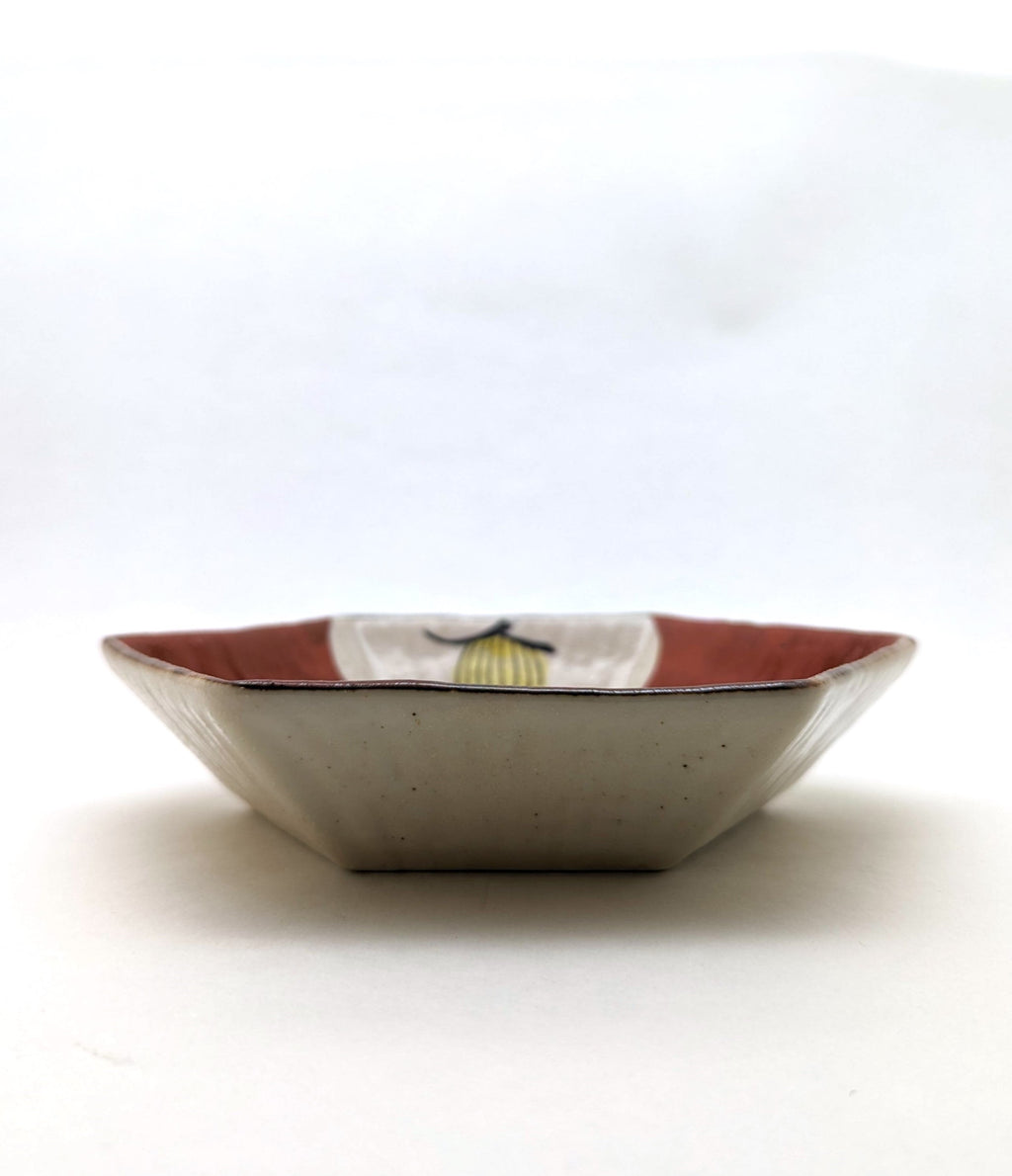 Earthenware Hexagon Plate with Hand-drawn Camellia by Kanejin-gama